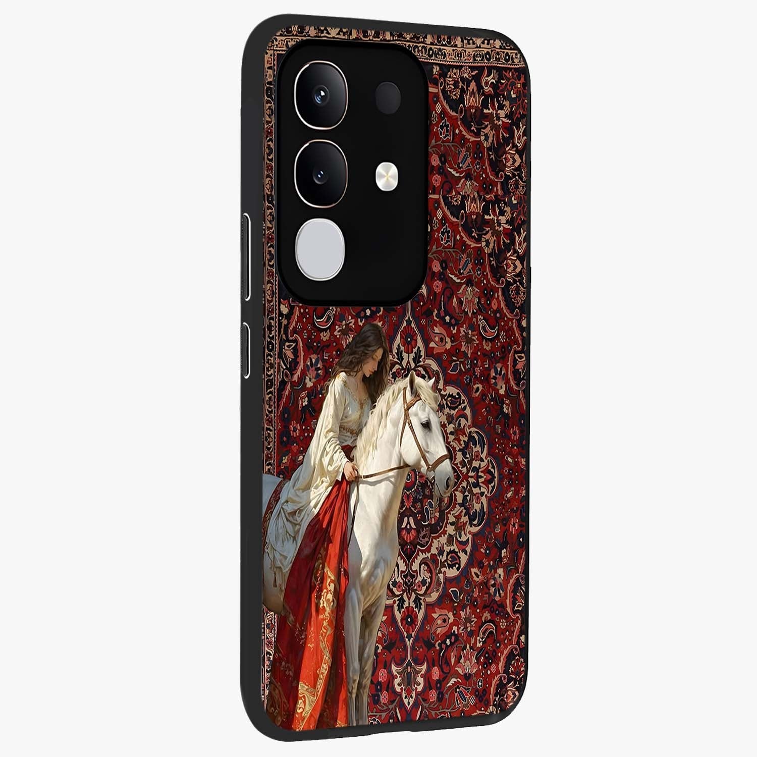 Royal Rider Tapestry Glass Case upright view showcasing detailed rider artwork with classic tapestry theme.