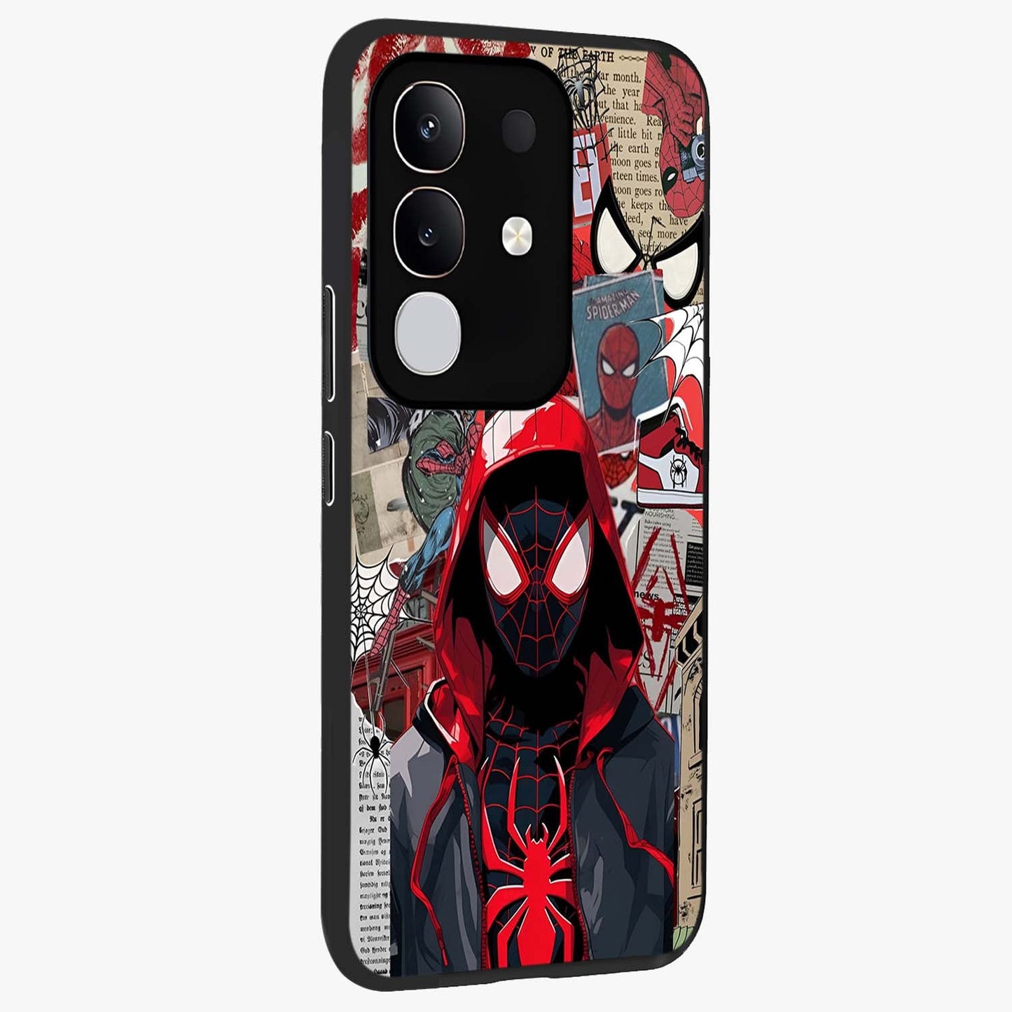 Spider Collage Street Glass Case upright view showcasing bold superhero artwork with urban street theme.