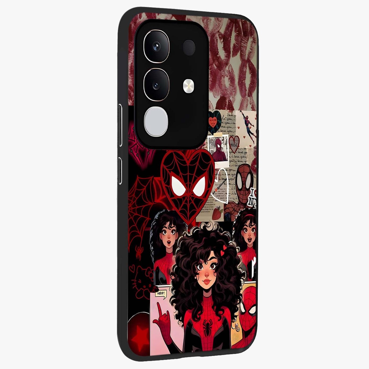 Spider Love Story Glass Case upright view showcasing charming superhero artwork with romantic comic theme.