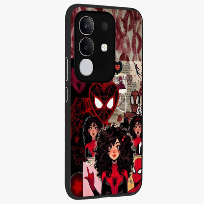 Spider Love Story Glass Case upright view showcasing charming superhero artwork with romantic comic theme.