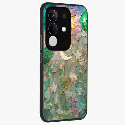 Stained Sunrise Glow Glass Case upright view showcasing colorful sunrise artwork with warm morning theme.