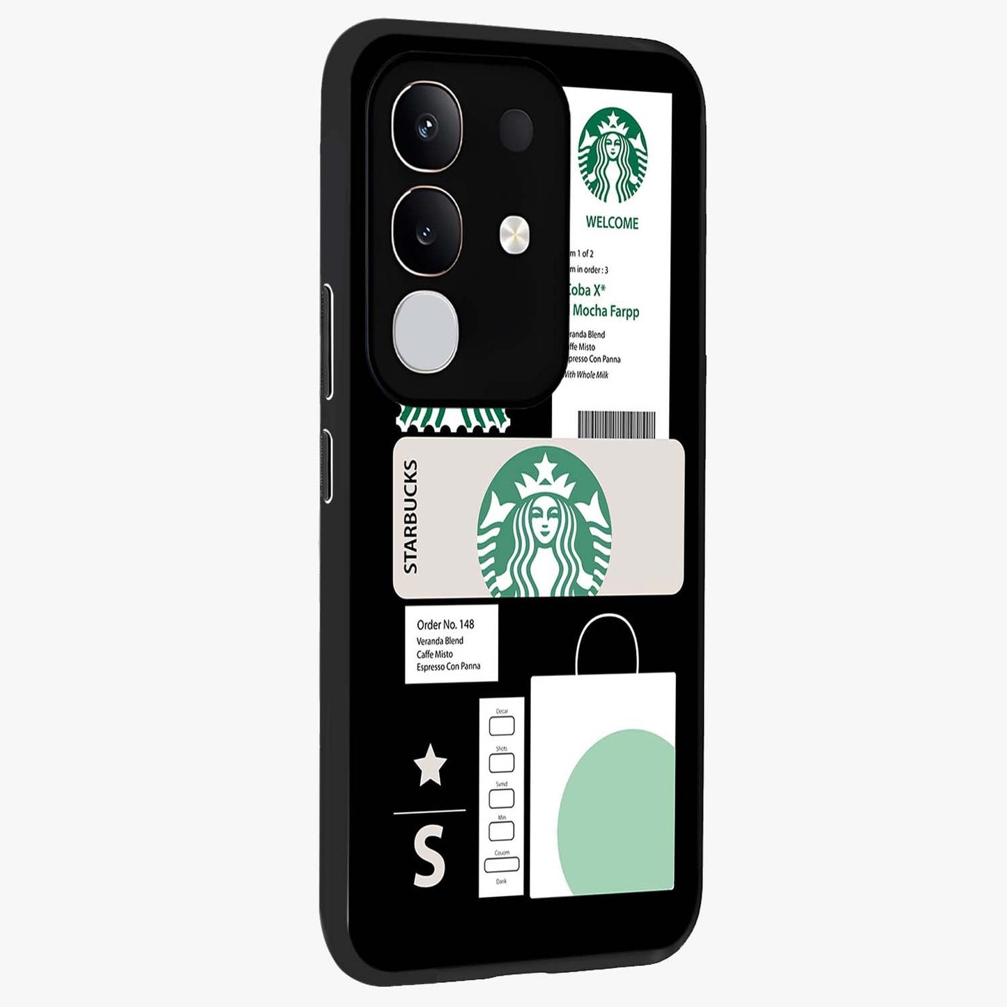 Starbucks Mocha Glass Case upright view showcasing trendy coffee inspired artwork with modern lifestyle theme.