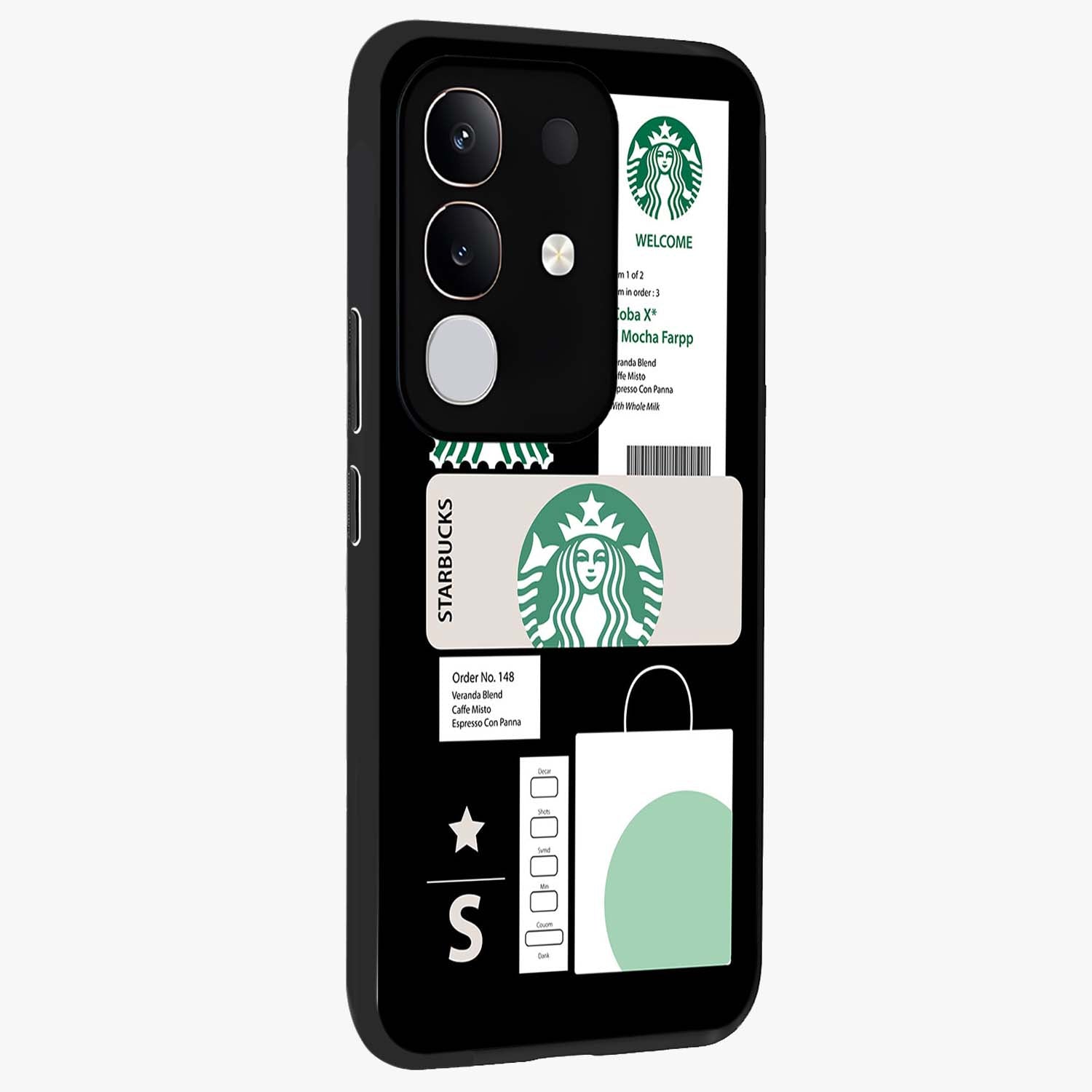 Starbucks Mocha Glass Case upright view showcasing trendy coffee inspired artwork with modern lifestyle theme.