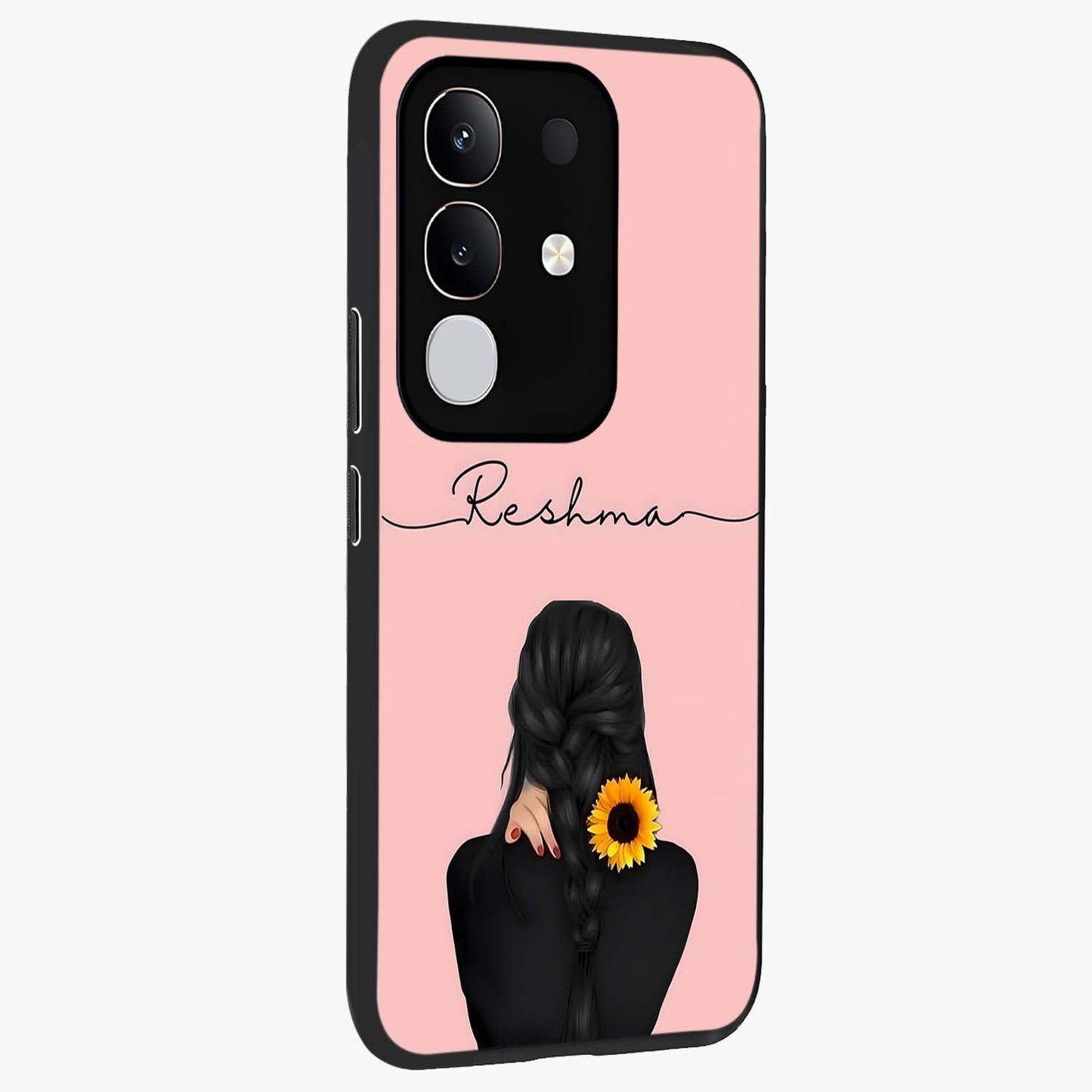 Sunflower Braid Beauty With Custom Name Glass Case upright view showcasing bright sunflower artwork with personalized floral aesthetic.