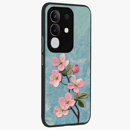 Threaded Blossom Breeze Glass Case upright view showcasing graceful flower artwork with calm botanical theme.