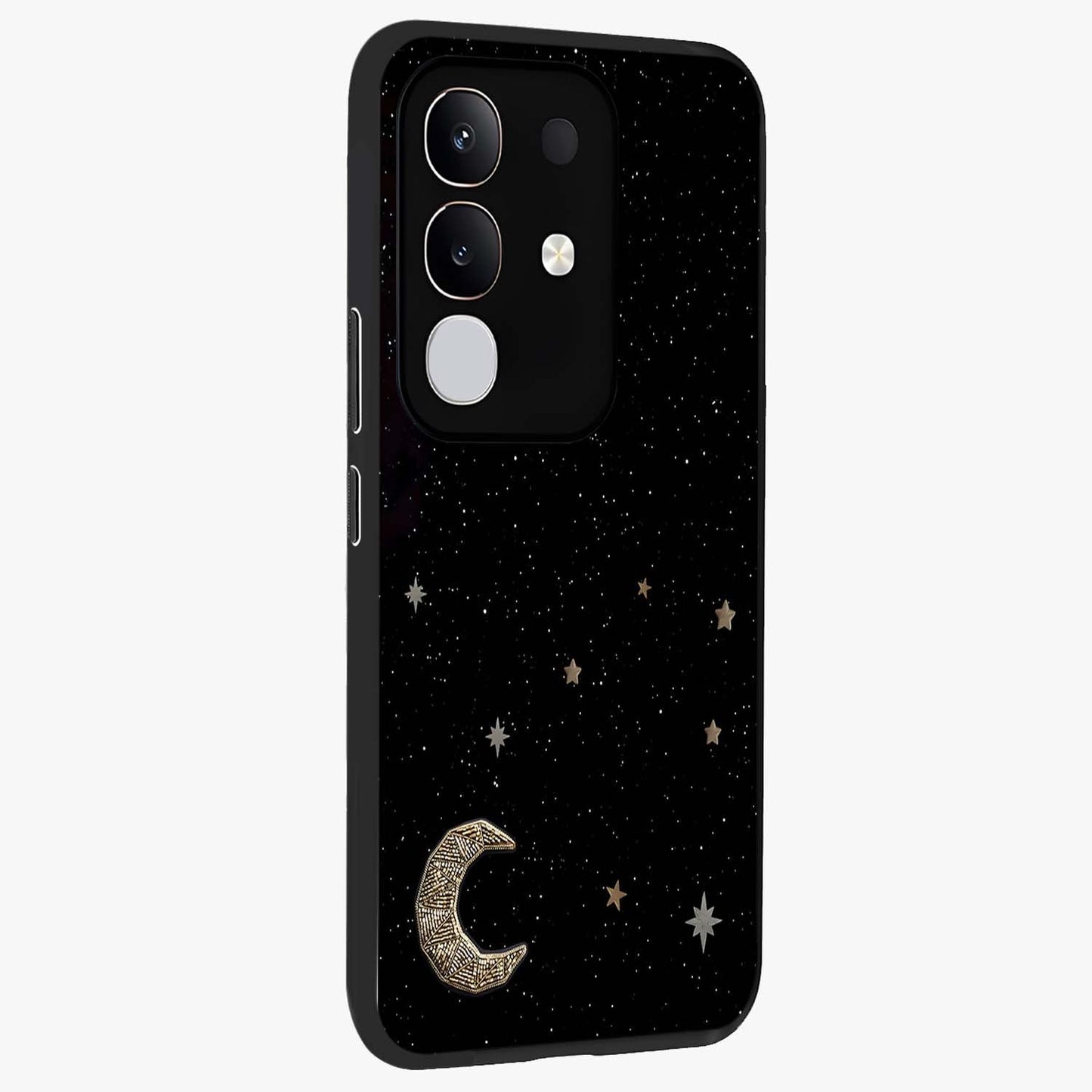 Twinkle Star With Half Moon Glass Case upright view showcasing glowing cosmic artwork with dreamy night theme.