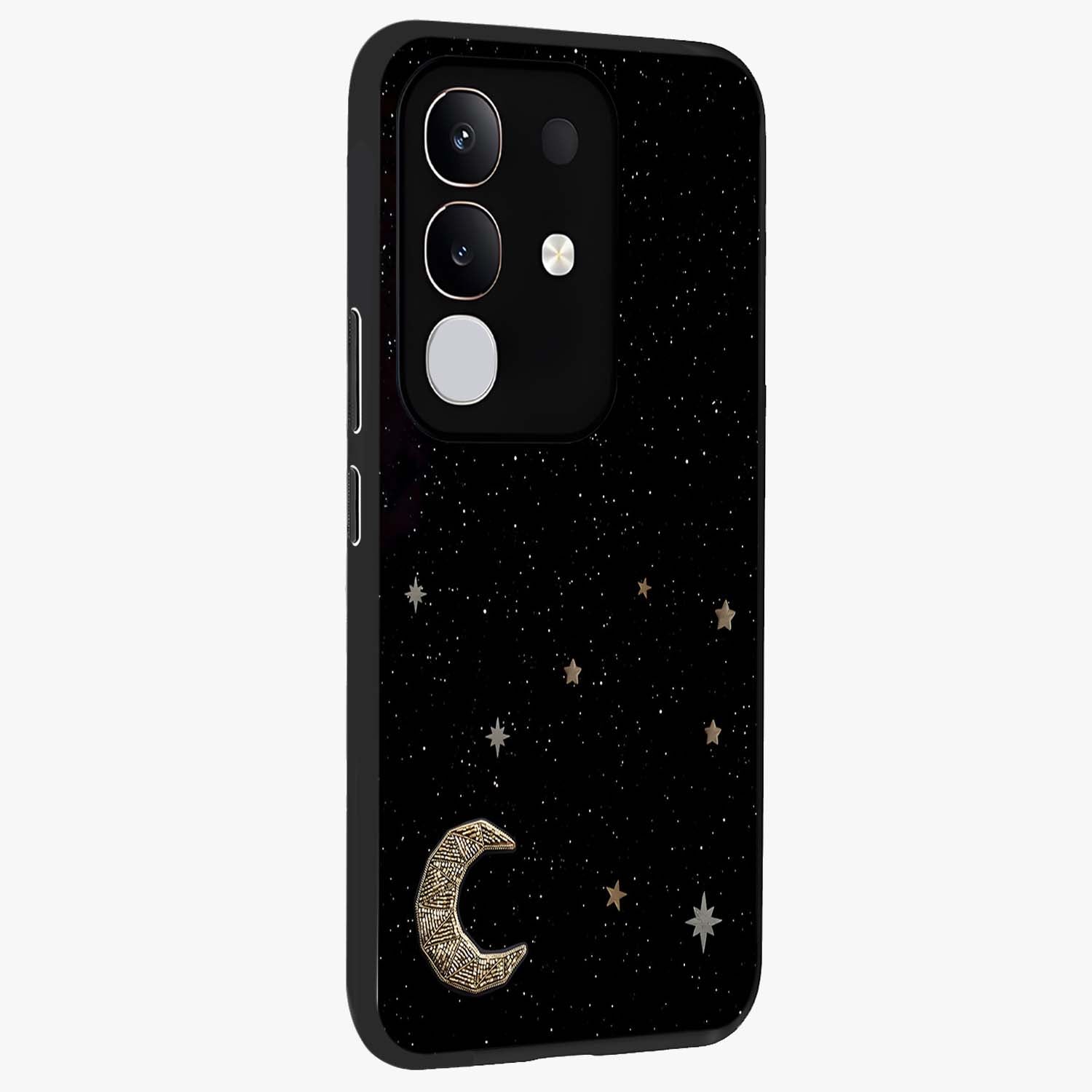 Twinkle Star With Half Moon Glass Case upright view showcasing glowing cosmic artwork with dreamy night theme.