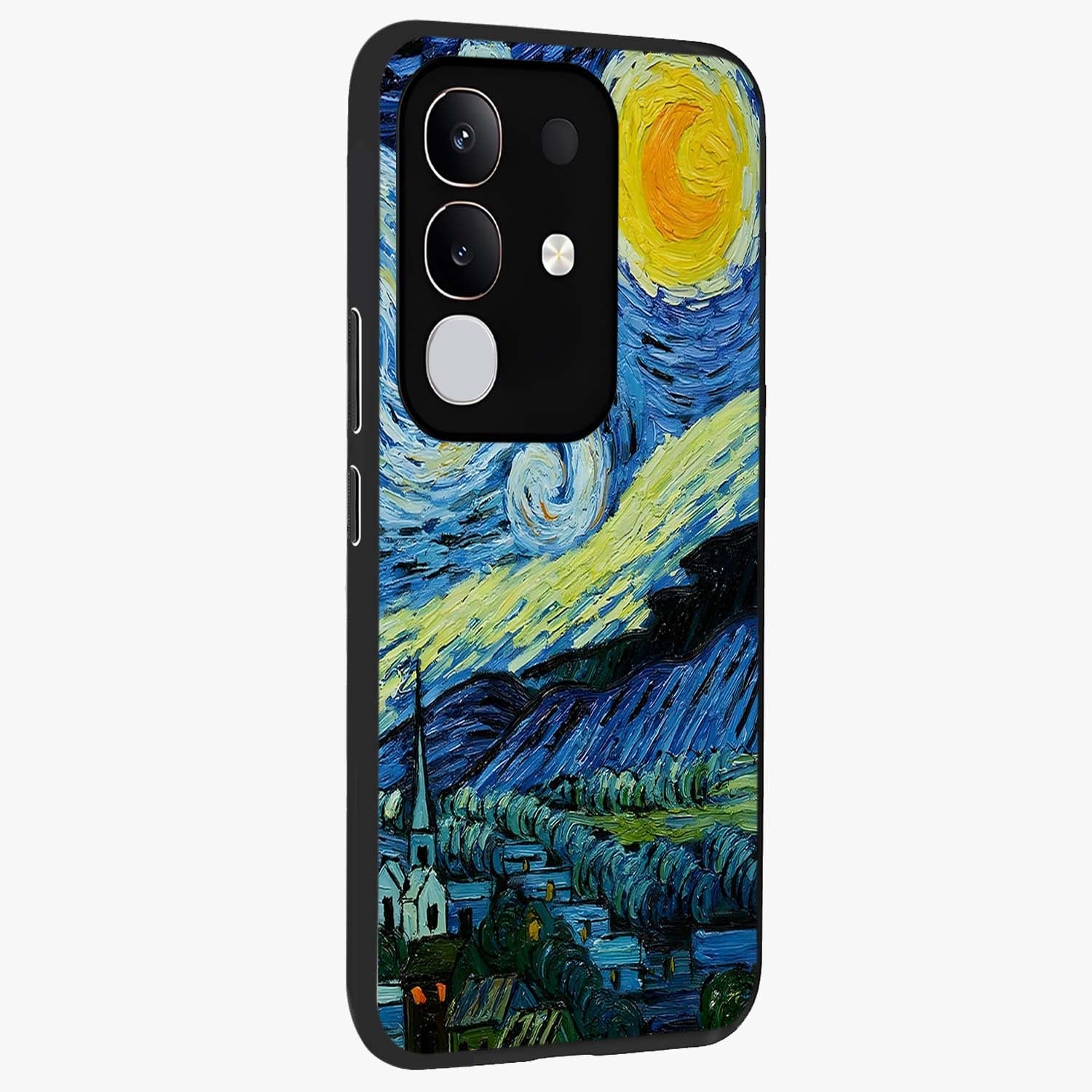 Van Gogh Art Glass Case upright view showcasing expressive painting style artwork with timeless artistic theme.