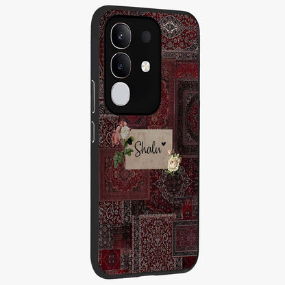 Velvet Wine Pattern Custom Name Glass Case upright view showcasing luxurious wine toned artwork with personalized aesthetic.