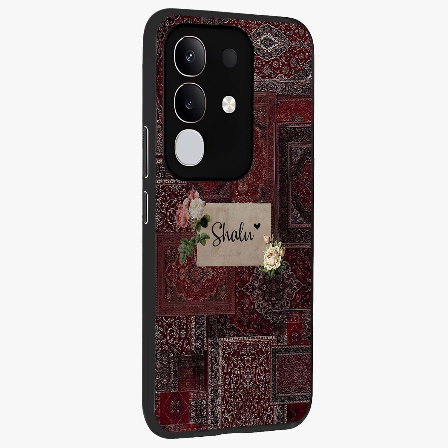 Velvet Wine Pattern Custom Name Glass Case upright view showcasing luxurious wine toned artwork with personalized aesthetic.