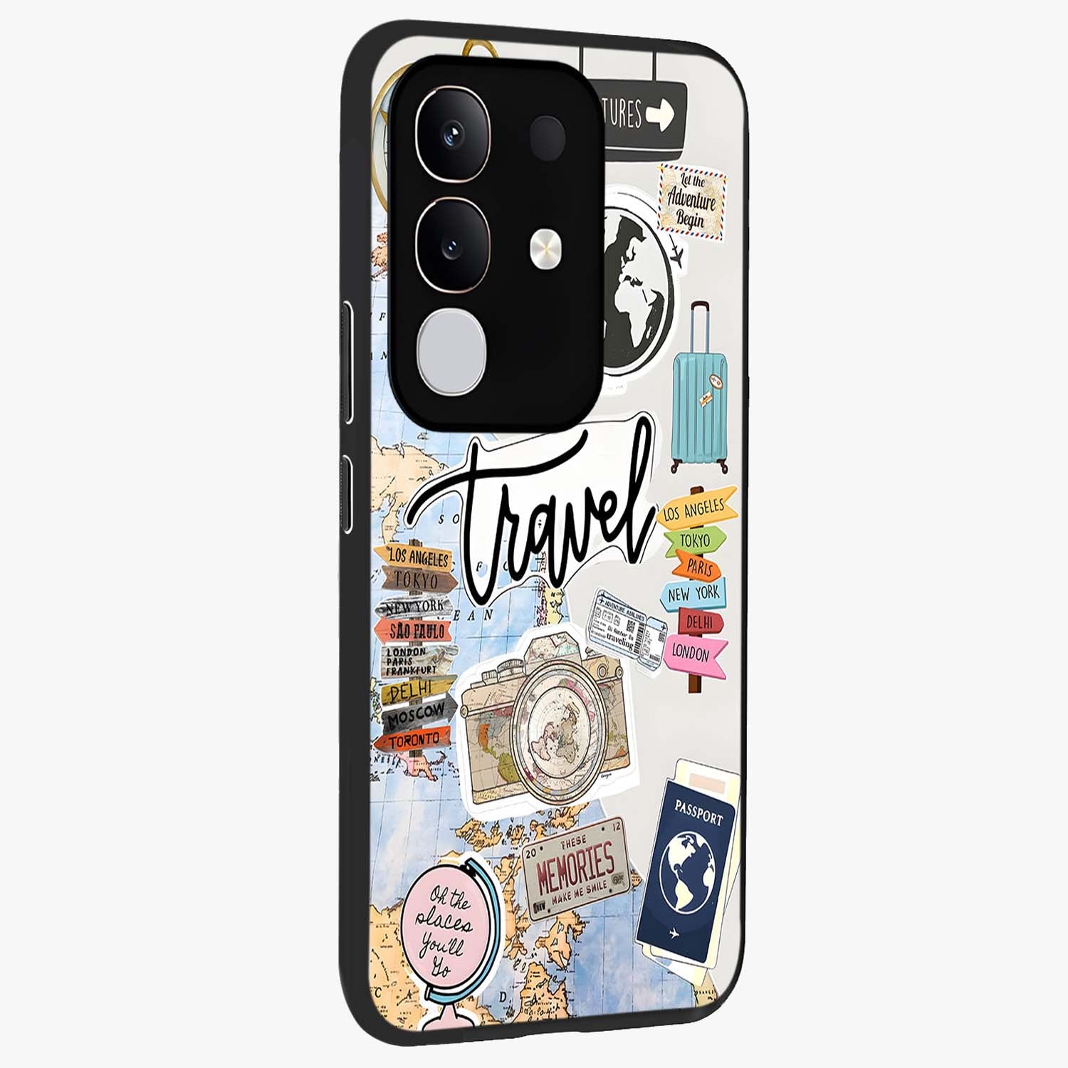 Wanderlust Journal Glass Case upright view showcasing wanderlust inspired artwork with creative exploration theme.