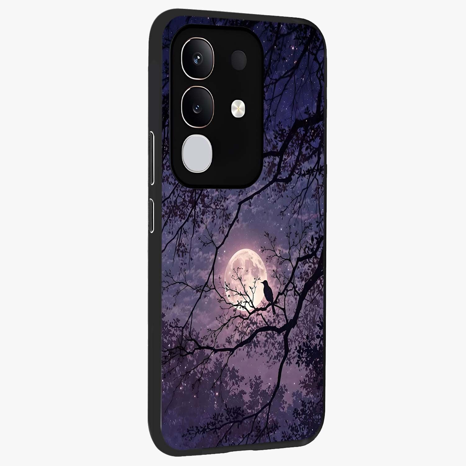 Whispering Moon Silence Glass Case upright view showcasing peaceful moon artwork with tranquil celestial theme.