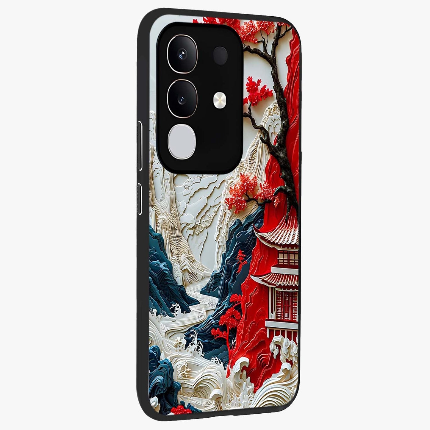 Whispers Of Sakura Waves Glass Case upright view showcasing delicate cherry blossom artwork with elegant nature theme.