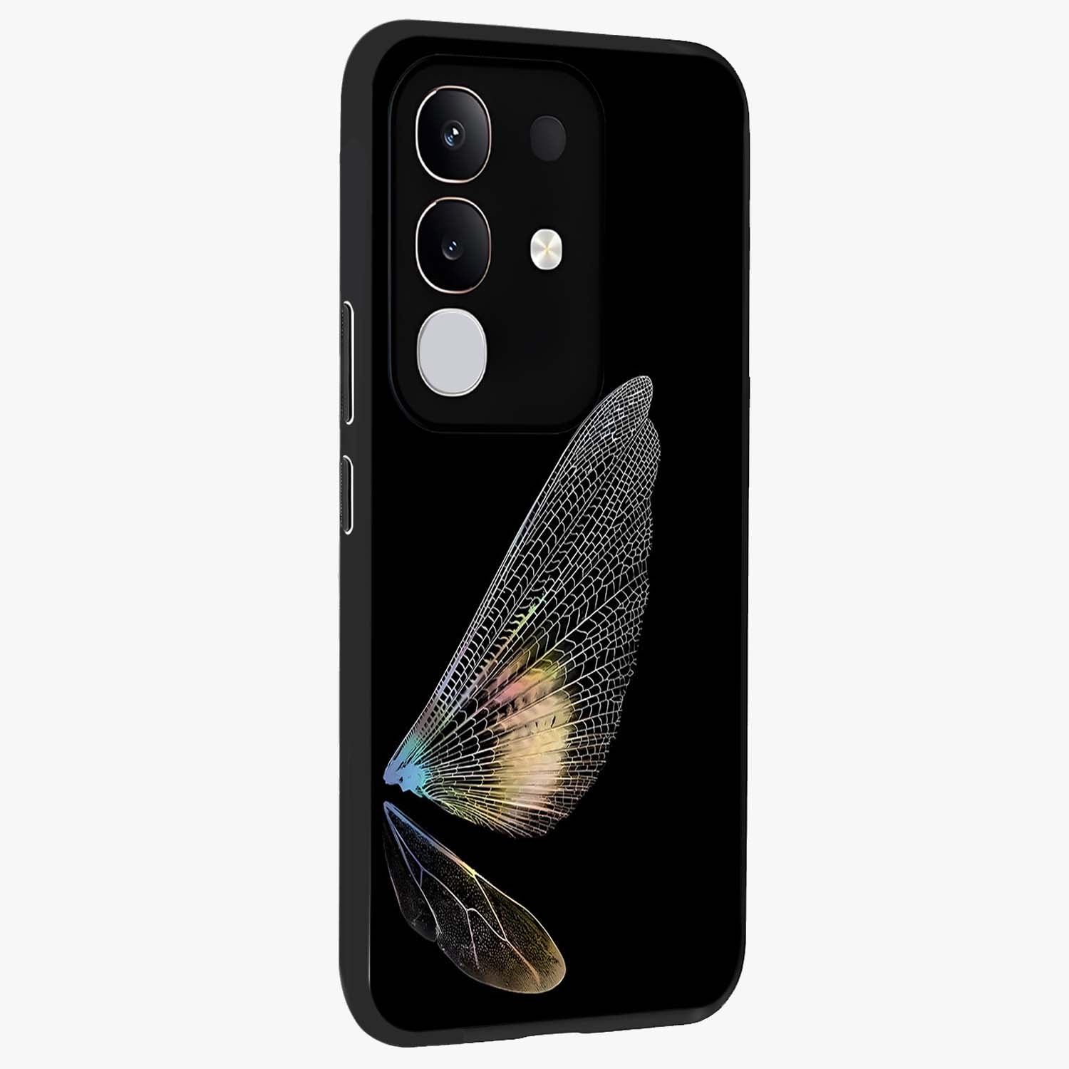 Whispers Of Wings Glass Case upright view showcasing elegant wing artwork with light airy theme.