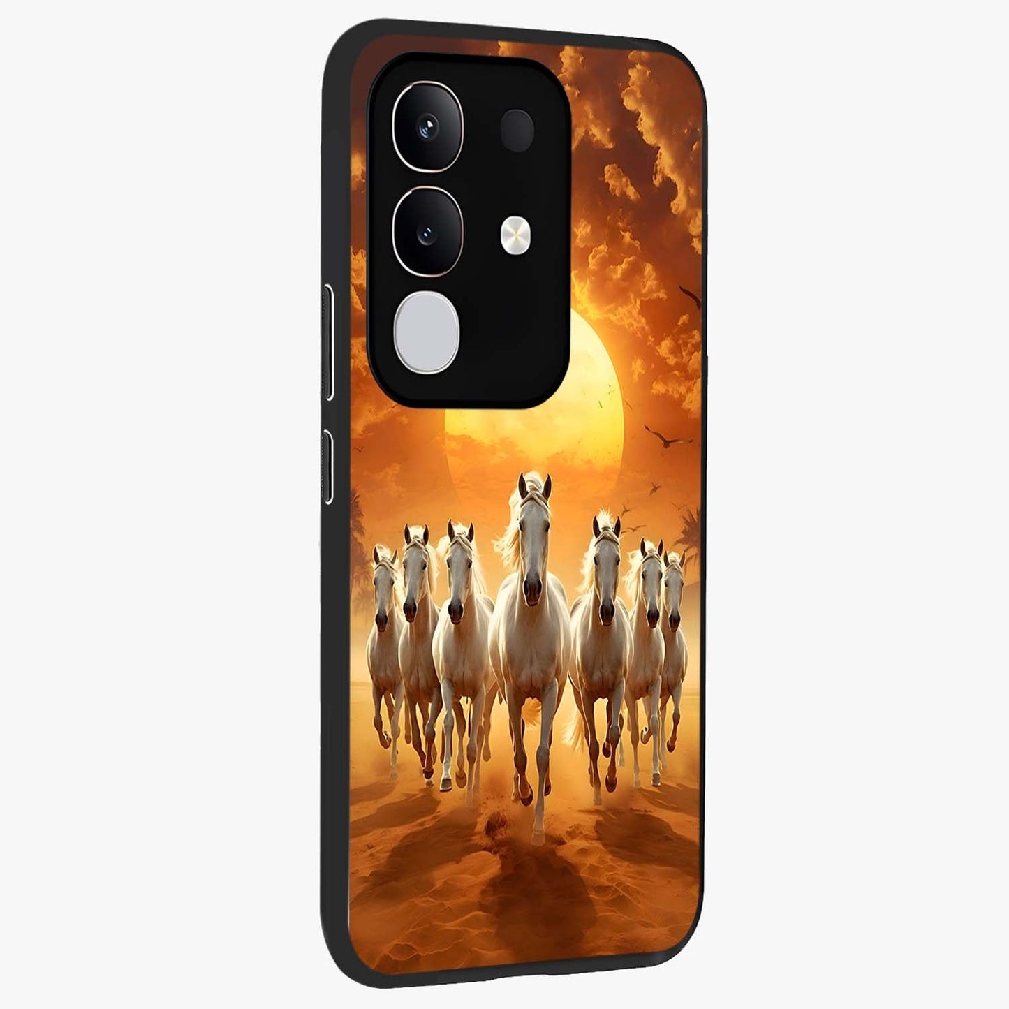 Wild Sunset Majesty Glass Case upright view showcasing dramatic sunset artwork with bold nature theme.
