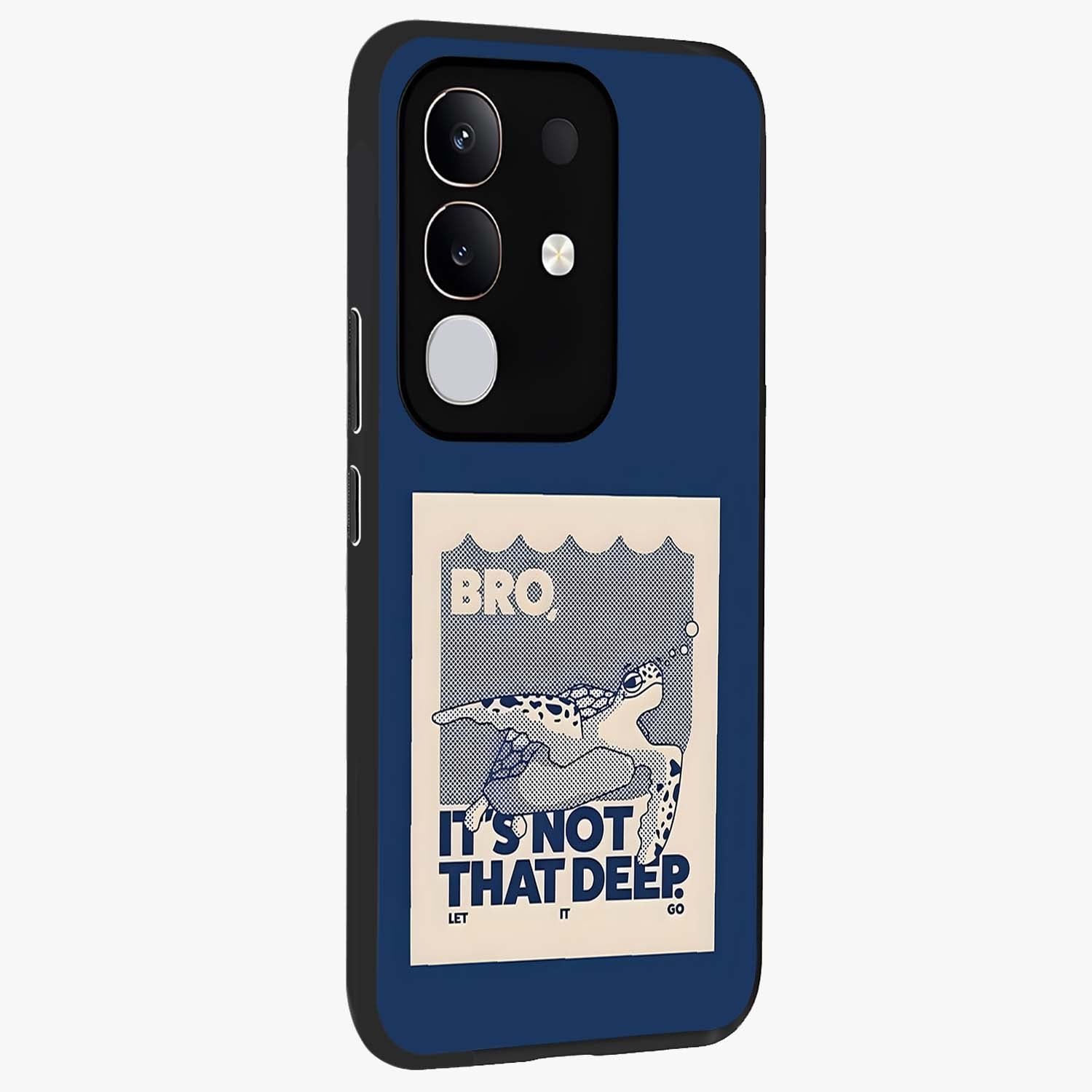 Worry Less Swim Glass Case upright view showcasing cheerful artistic artwork with carefree inspirational theme.