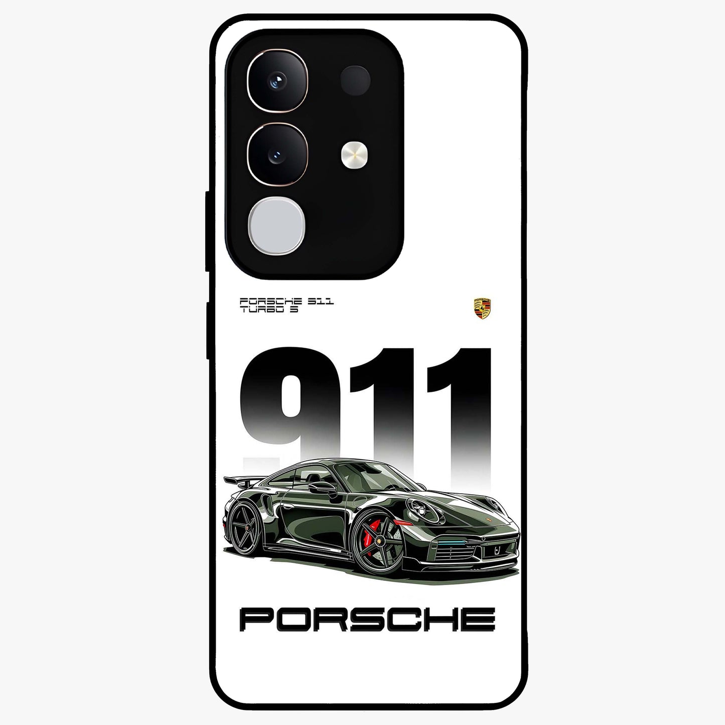 911 Turbo Dominance Glass Case showing clean flat back view with bold 911 sports car artwork and glossy glass finish.