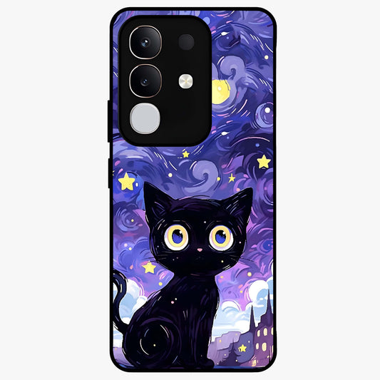 Abstract Cat Art Glass Case showing flat back view with artistic cat illustration and glossy glass finish.