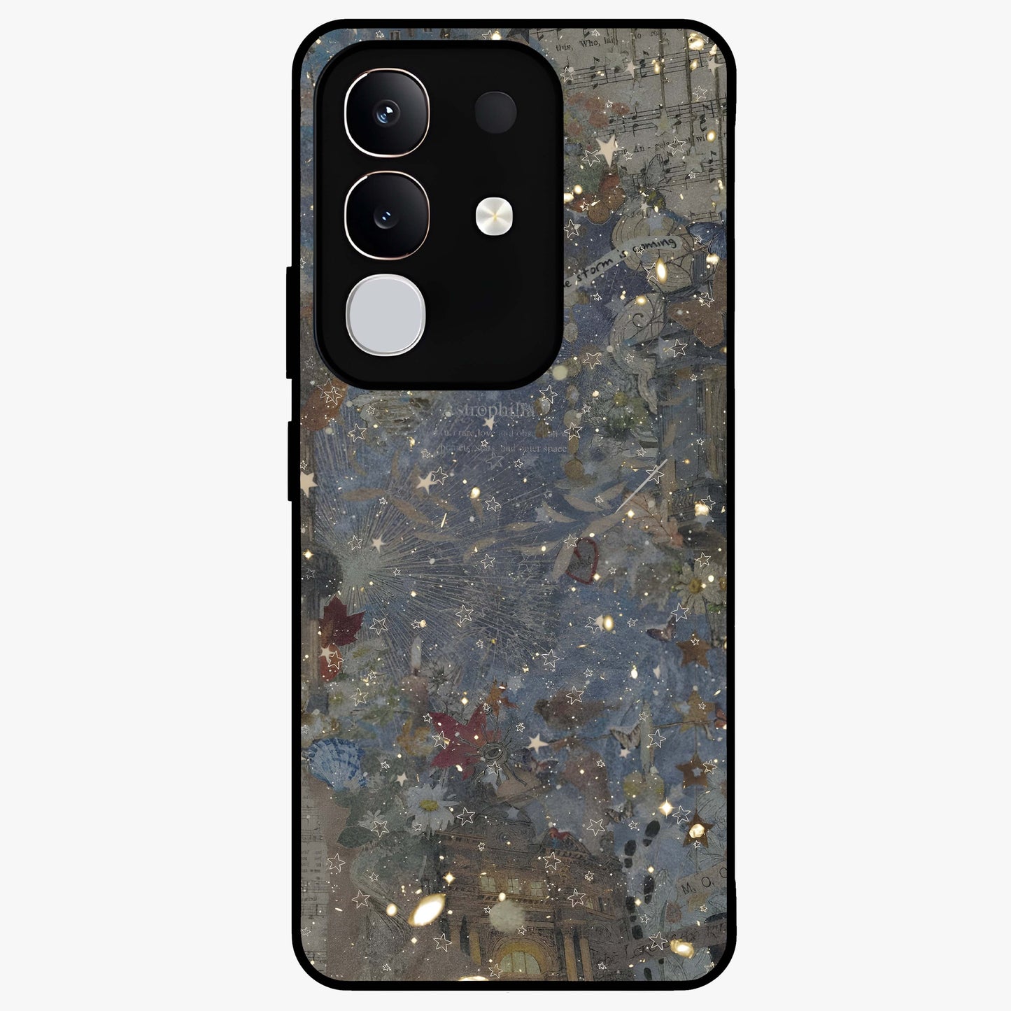 Aesthetic Astrolophia Glass Case showing flat back view with dreamy aesthetic design and glossy glass finish.