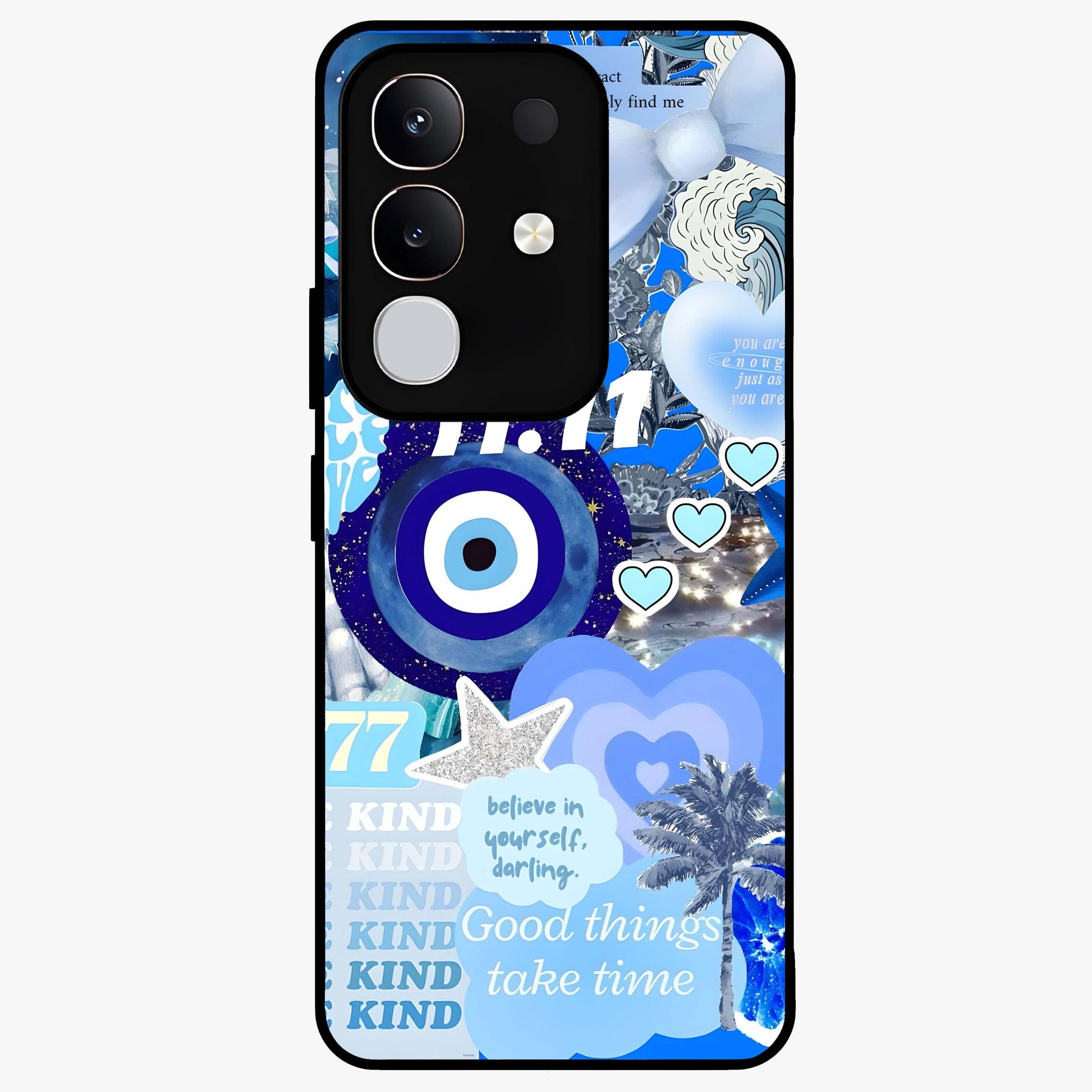 Aesthetic Be Kind Eye Glass Case showing flat back view with motivational eye artwork and glossy glass finish.