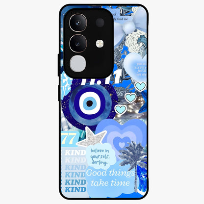 Aesthetic Be Kind Eye Glass Case showing flat back view with motivational eye artwork and glossy glass finish.
