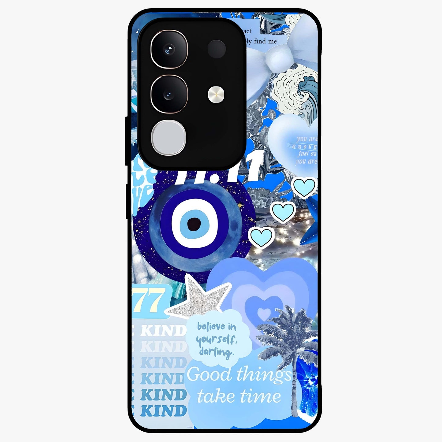Aesthetic Be Kind Eye Glass Case showing flat back view with motivational eye artwork and glossy glass finish.