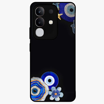 Aesthetic Blue Evil Eye Glass Case showing flat back view with protective evil eye artwork and glossy glass finish.