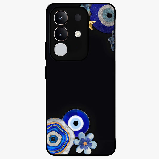 Aesthetic Blue Evil Eye Glass Case showing flat back view with protective evil eye artwork and glossy glass finish.