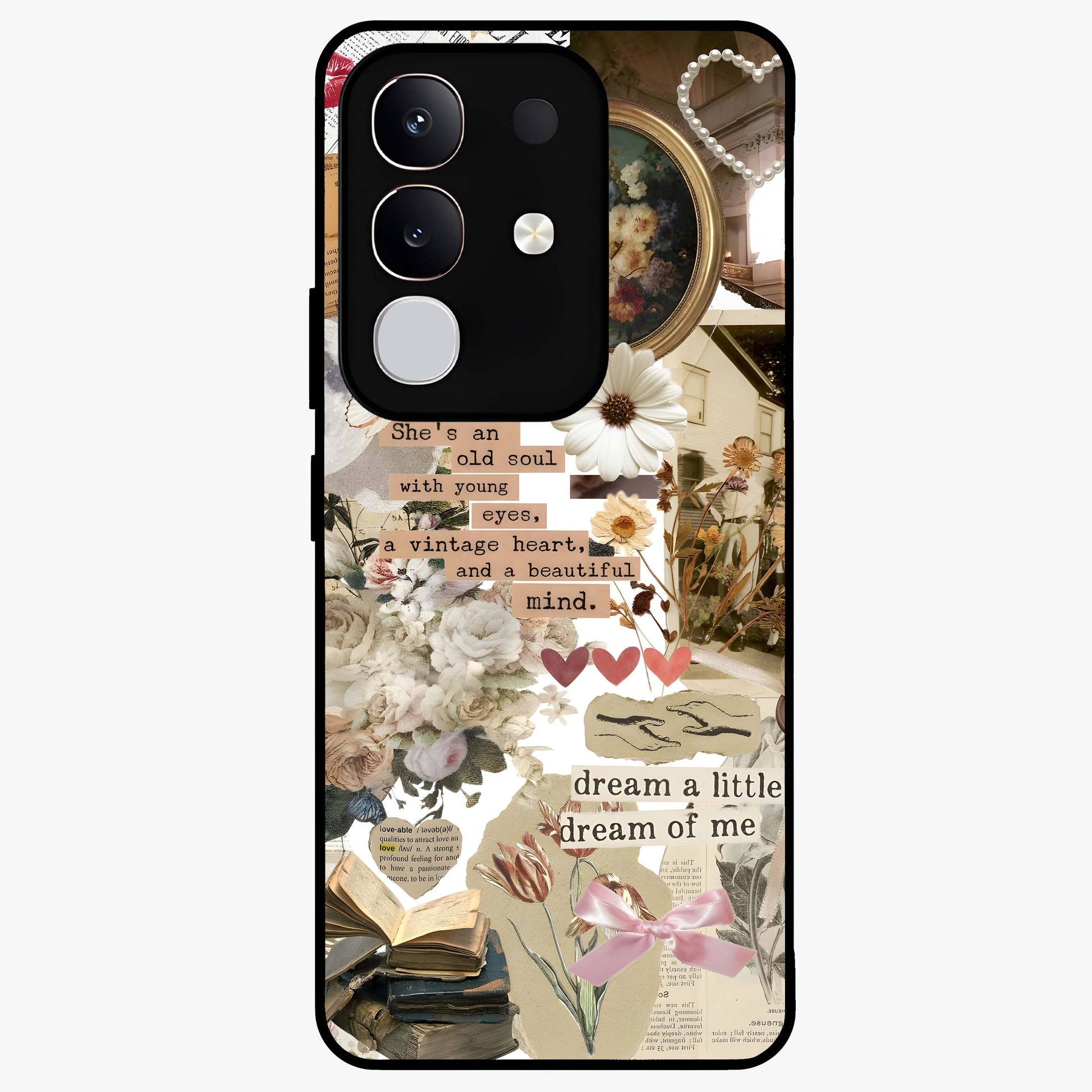 Aesthetic Brown Vintage Collage Glass Case showing flat back view with retro collage artwork and glossy glass finish.