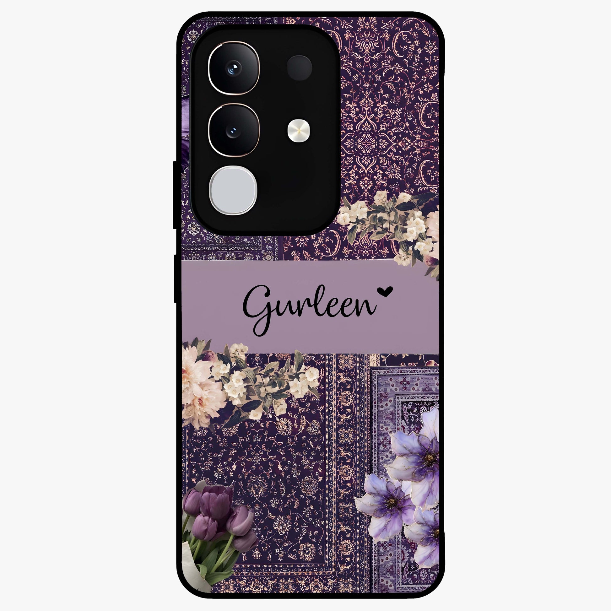 Antique Floral Whisper Custom Name Glass Case showing flat back view with vintage floral artwork and personalized name design.