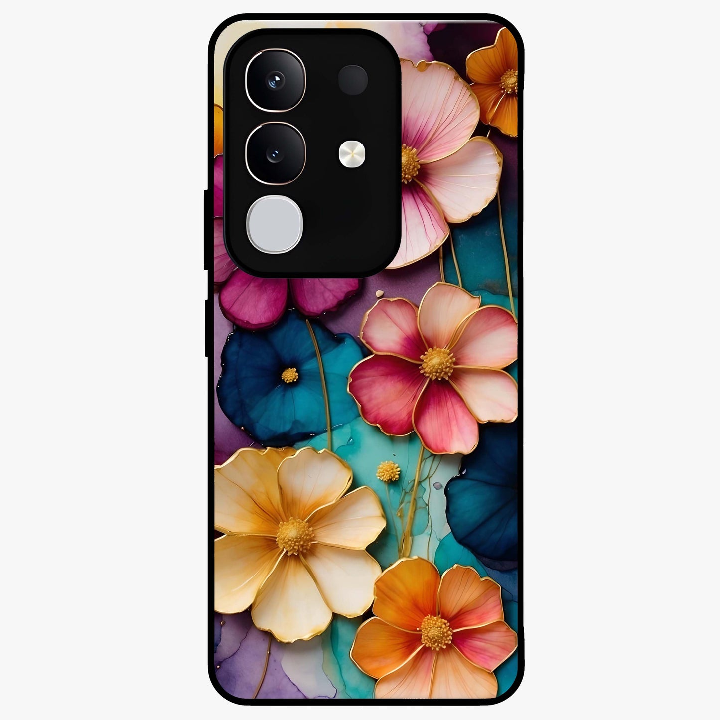 Artlyn Grace Flower Pattern Glass Case showing flat back view with elegant floral pattern artwork and glossy glass finish.