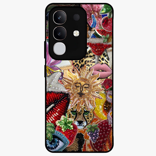 Beaded Fashion Jungle Glass Case showing flat back view with vibrant jungle inspired bead artwork and glossy glass finish.