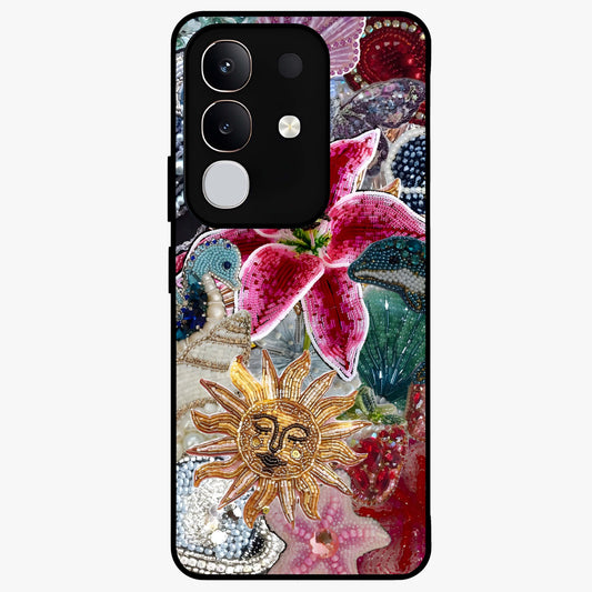 Beaded Garden Fantasy Glass Case showing flat back view with dreamy garden bead artwork and glossy glass finish.