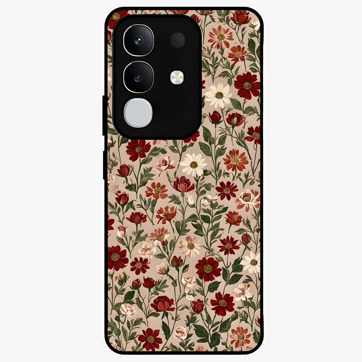 Biege Flower With Leaf Glass Case showing flat back view with soft beige floral artwork and glossy glass finish.