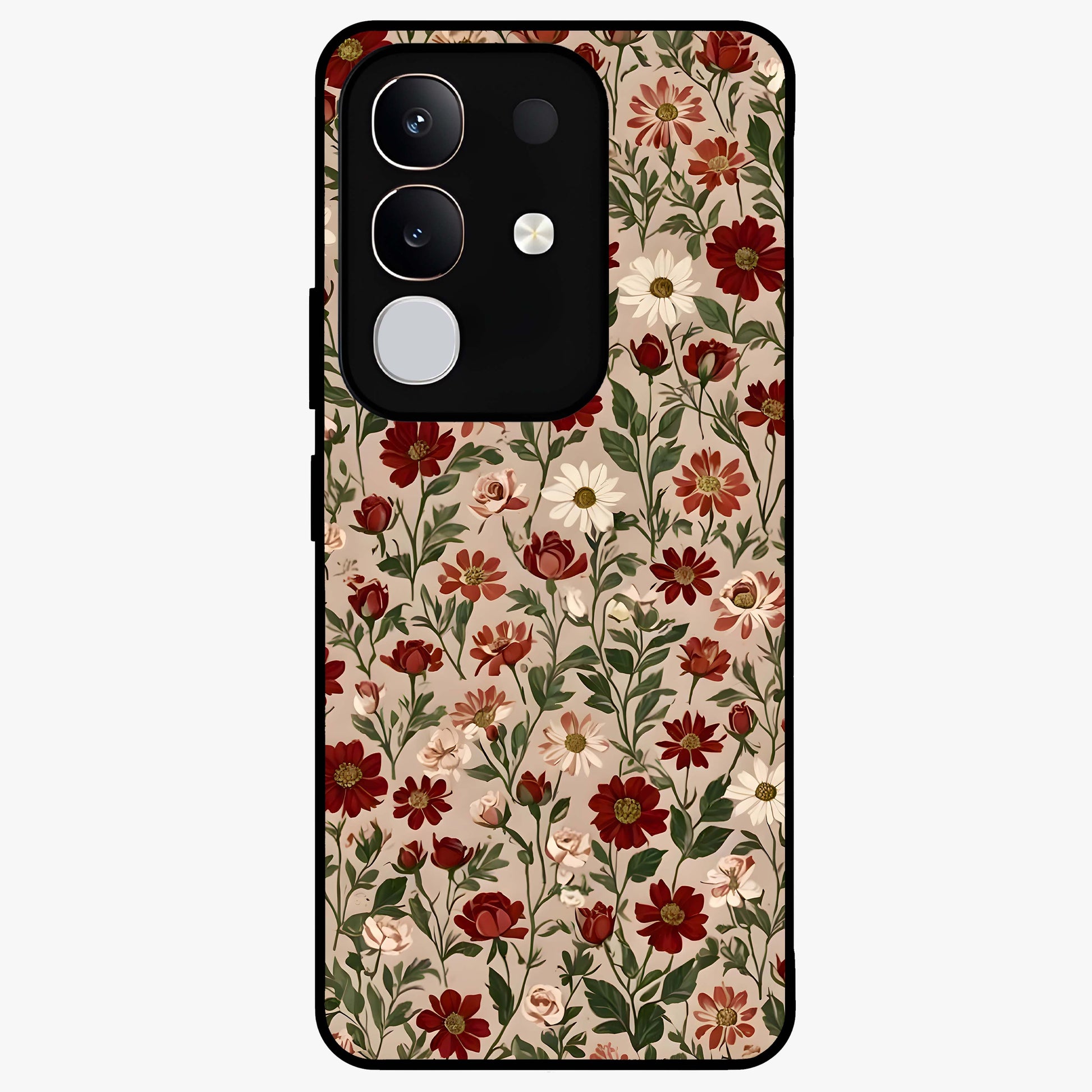 Biege Flower With Leaf Glass Case showing flat back view with soft beige floral artwork and glossy glass finish.