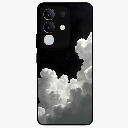 Black Background With White Cloud Glass Case showing flat back view with minimal cloud artwork on dark background and glossy glass finish.