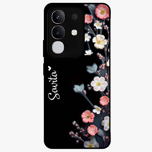 Black Elegance Floral Custom Name Glass Case showing flat back view with elegant floral artwork and personalized name design.