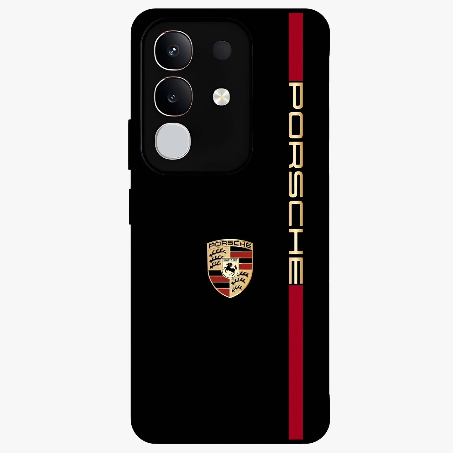 Black Minimal Porsche Glass Case showing flat back view with sleek minimal sports car artwork and glossy glass finish.