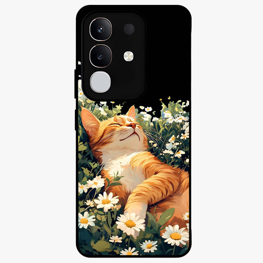 Blissful Bloom Cat Glass Case showing flat back view with cute cat and floral bloom artwork and glossy glass finish.