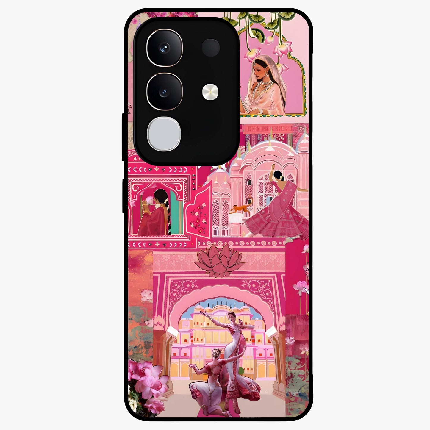 Blossoms of Rajasthan Glass Case showing flat back view with traditional floral artwork inspired by Rajasthan and glossy glass finish.