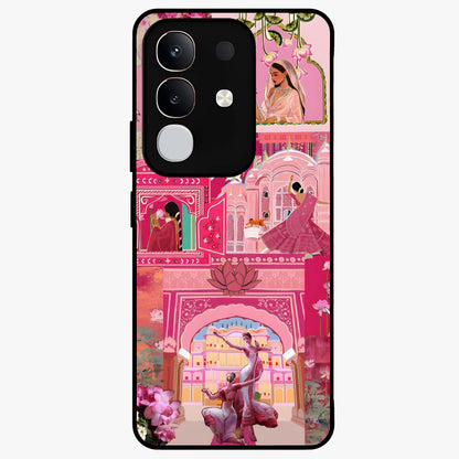 Blossoms of Rajasthan Glass Case showing flat back view with traditional floral artwork inspired by Rajasthan and glossy glass finish.