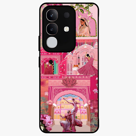 Blossoms of Rajasthan Glass Case showing flat back view with traditional floral artwork inspired by Rajasthan and glossy glass finish.