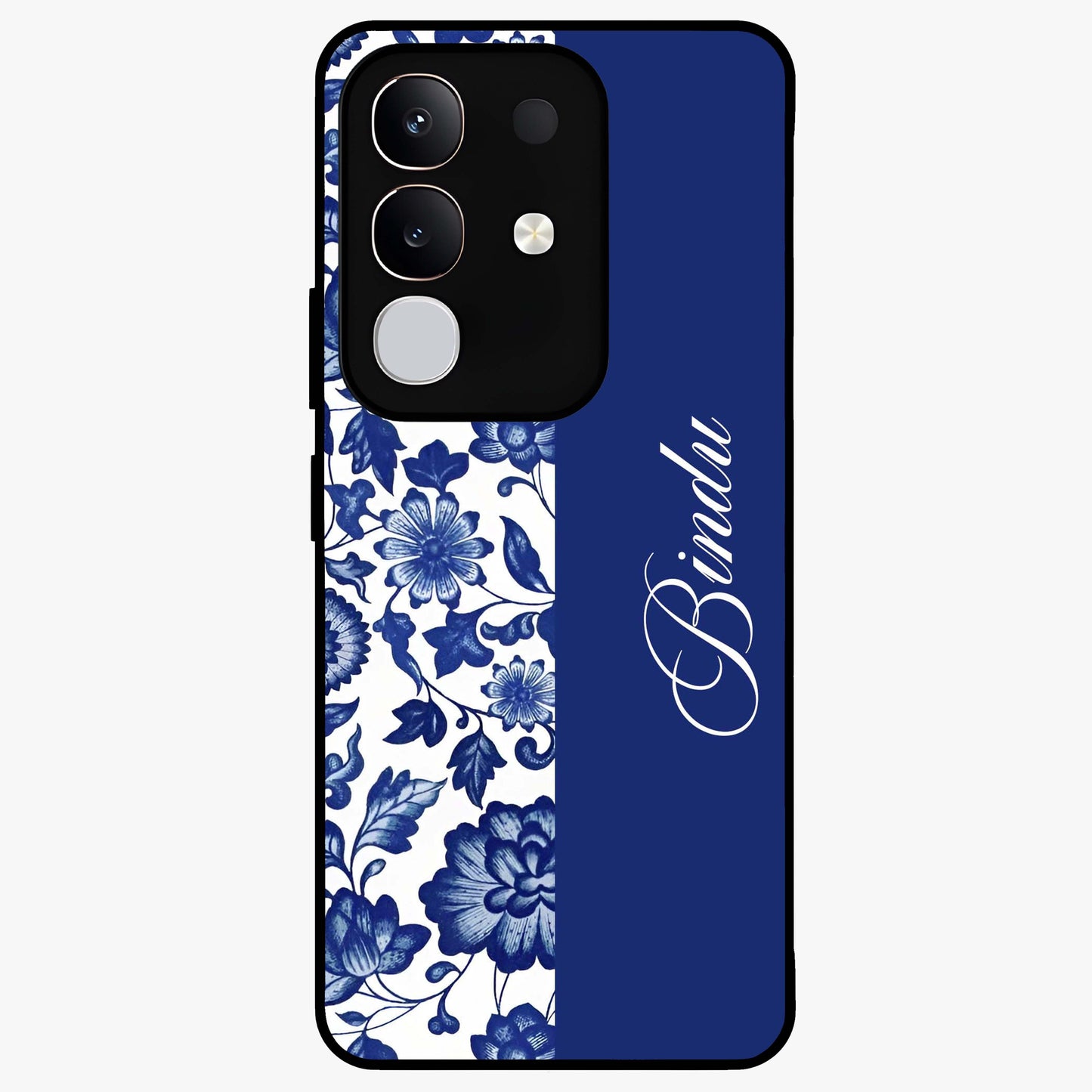 Blue Vintage Floral Pattern Glass Case upright view showcasing timeless floral illustration with vintage inspired style.
