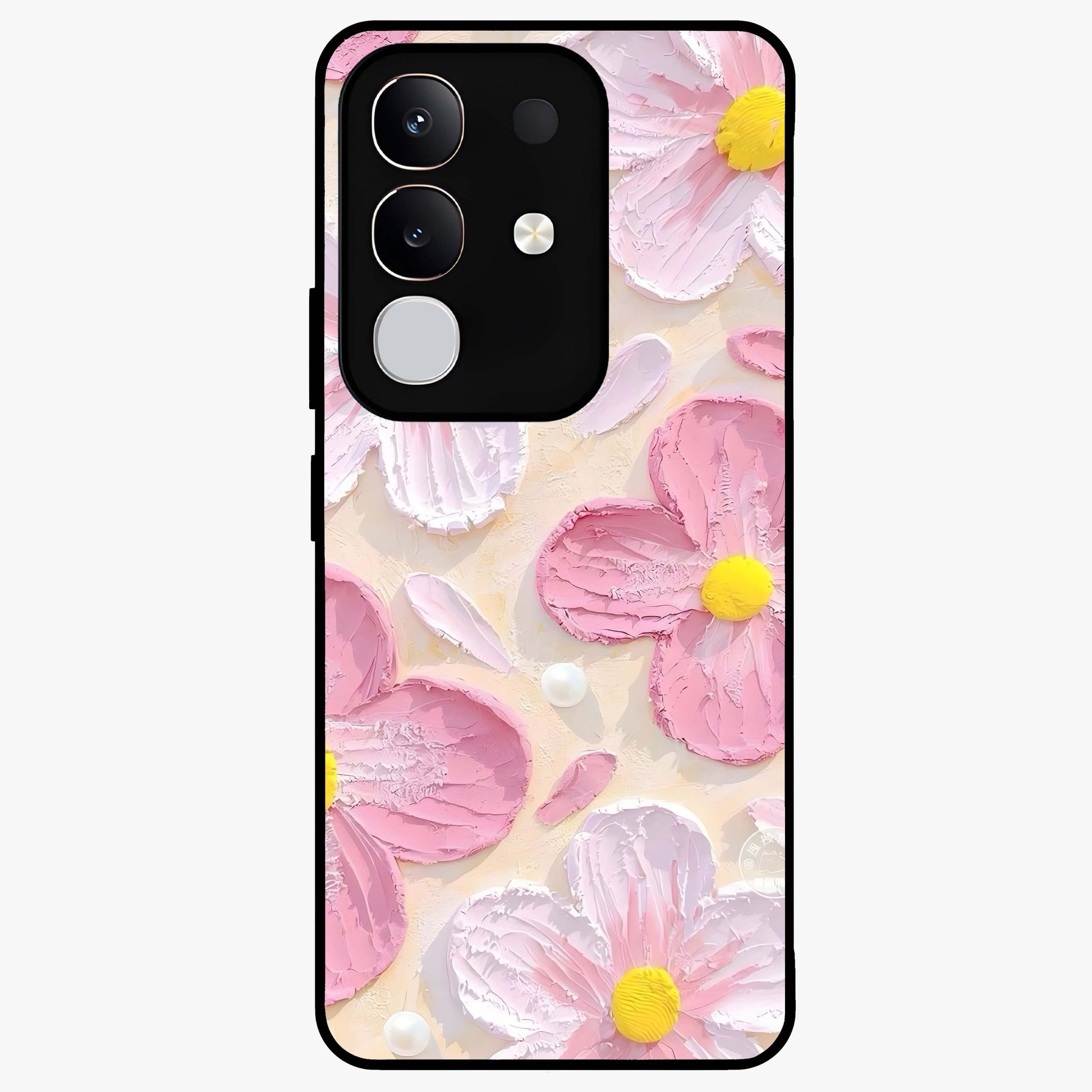 Blush Bloom Texture Glass Case showing flat back view with soft blush floral texture artwork and glossy glass finish.