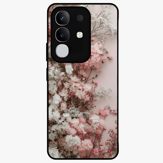 Blush Blossom Cloud Glass Case showing flat back view with dreamy blush cloud blossom artwork and glossy glass finish.