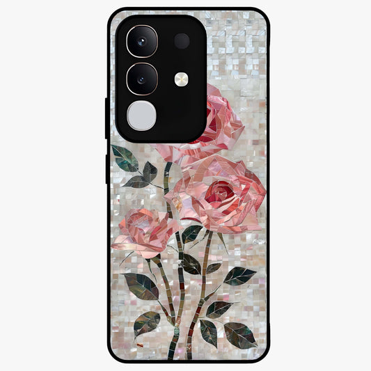 Blush Mosaic Bloom Glass Case showing flat back view with mosaic floral bloom artwork and glossy glass finish.