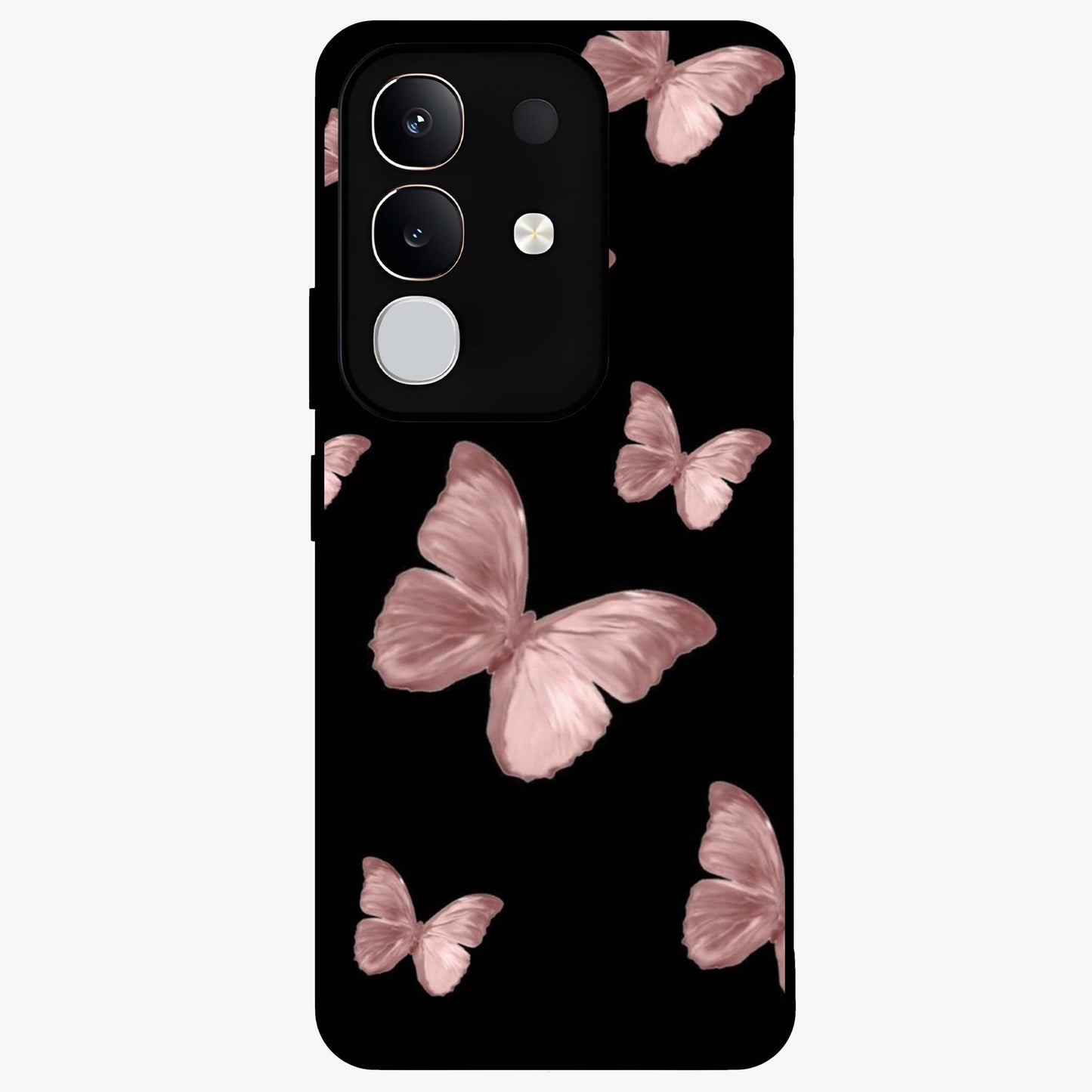 Butterfly Pattern Glass Case showing flat back view with elegant butterfly pattern artwork and glossy glass finish.
