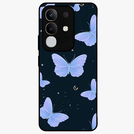 Butterfly With Stars Pattern Glass Case showing flat back view with butterfly and star pattern artwork and glossy glass finish.