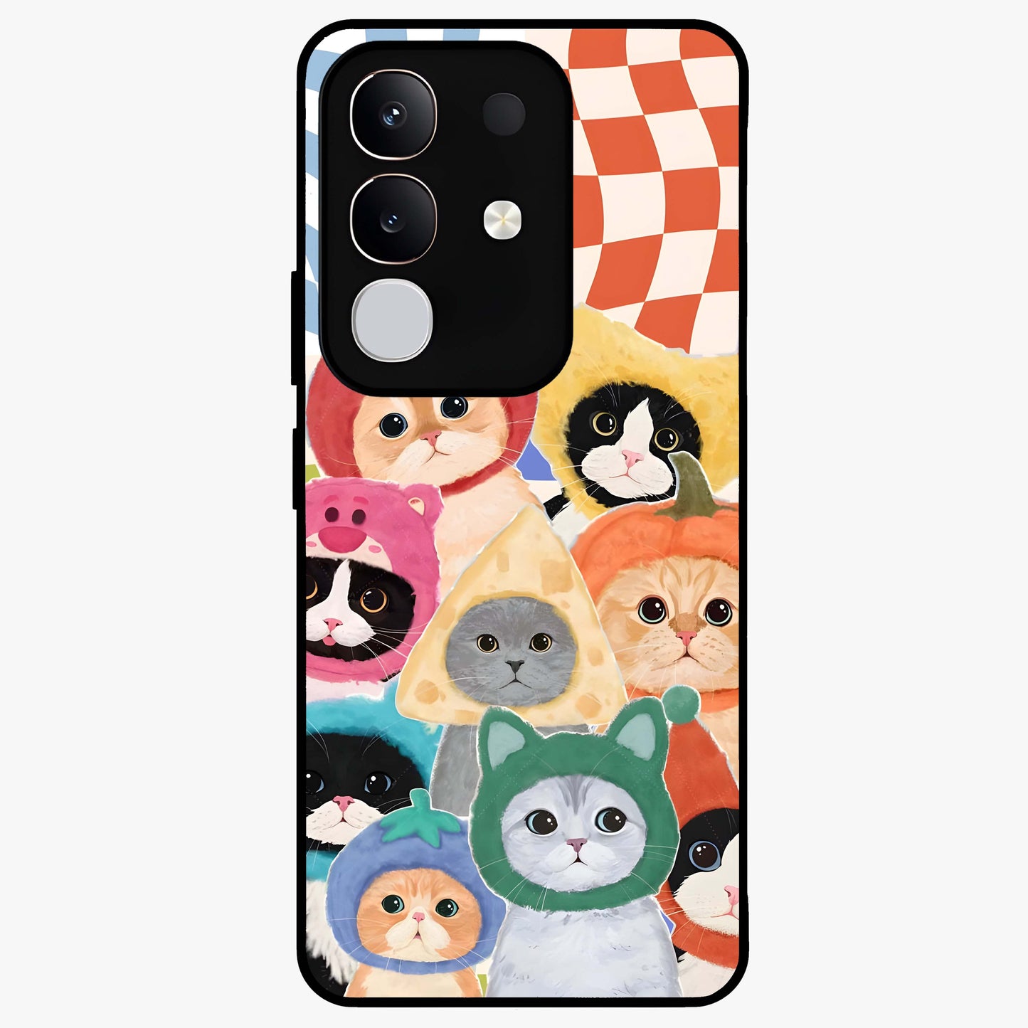 Cats in Fruits Glass Case showing flat back view with playful cat illustrations inside fruit artwork and glossy glass finish.