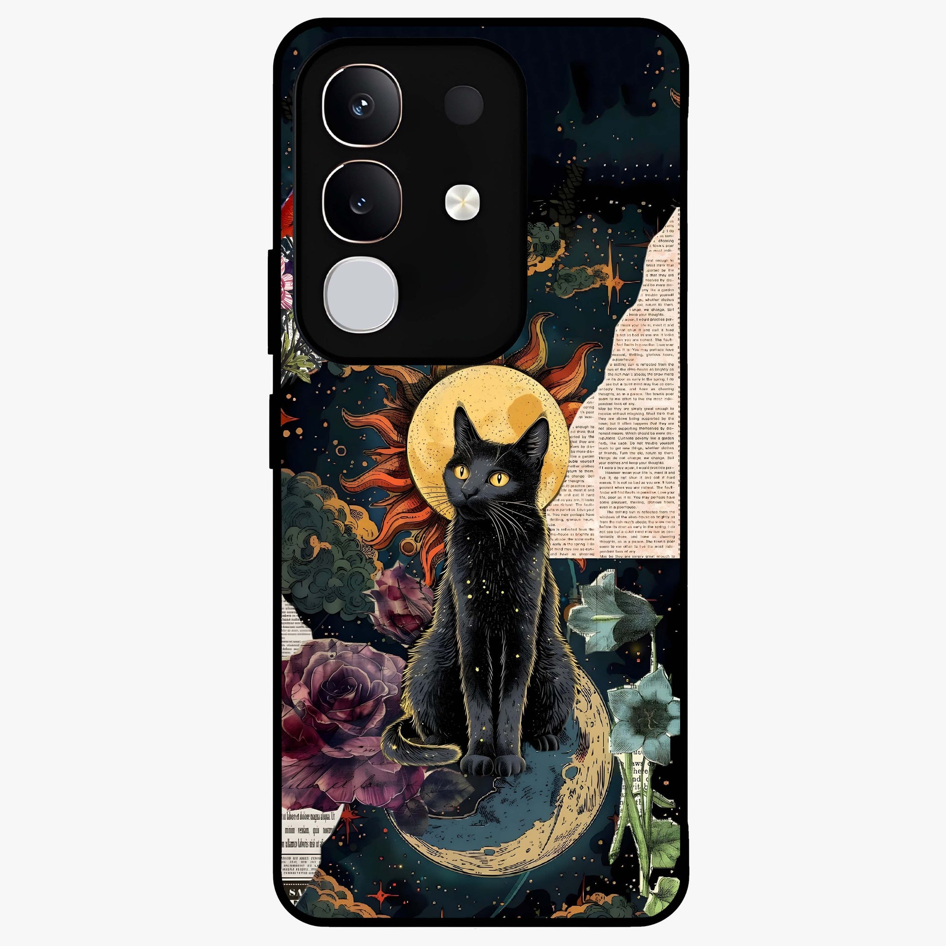 Celestial Black Cat Glass Case showing flat back view with mystical black cat artwork and glossy glass finish.